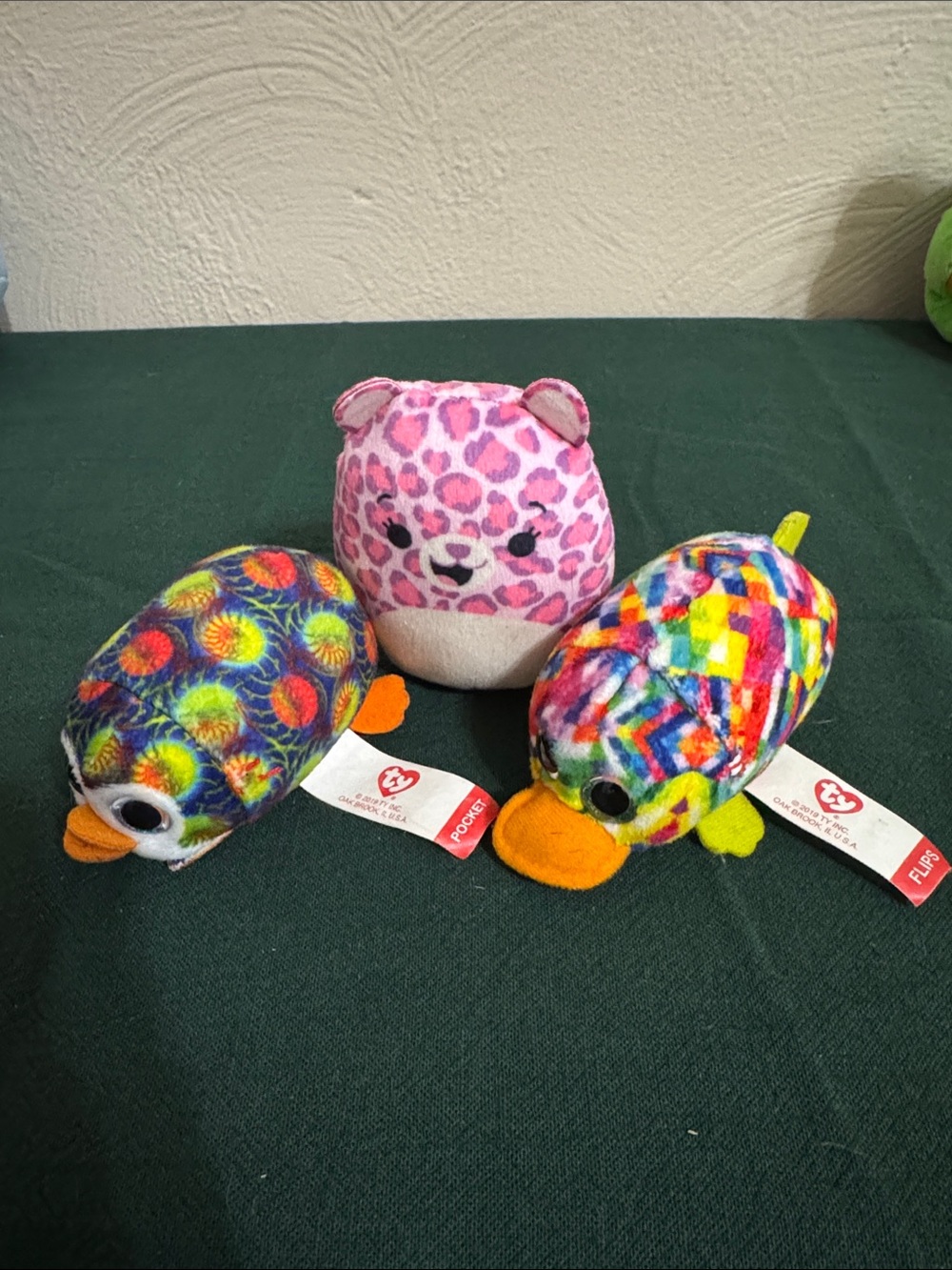 Ty Pink Leopard Beanie + Two Colorful Ty Ducklings
